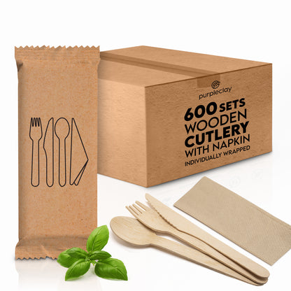 Disposable Wooden Cutlery Set Individually Wrapped with Napkin (600 SETS)