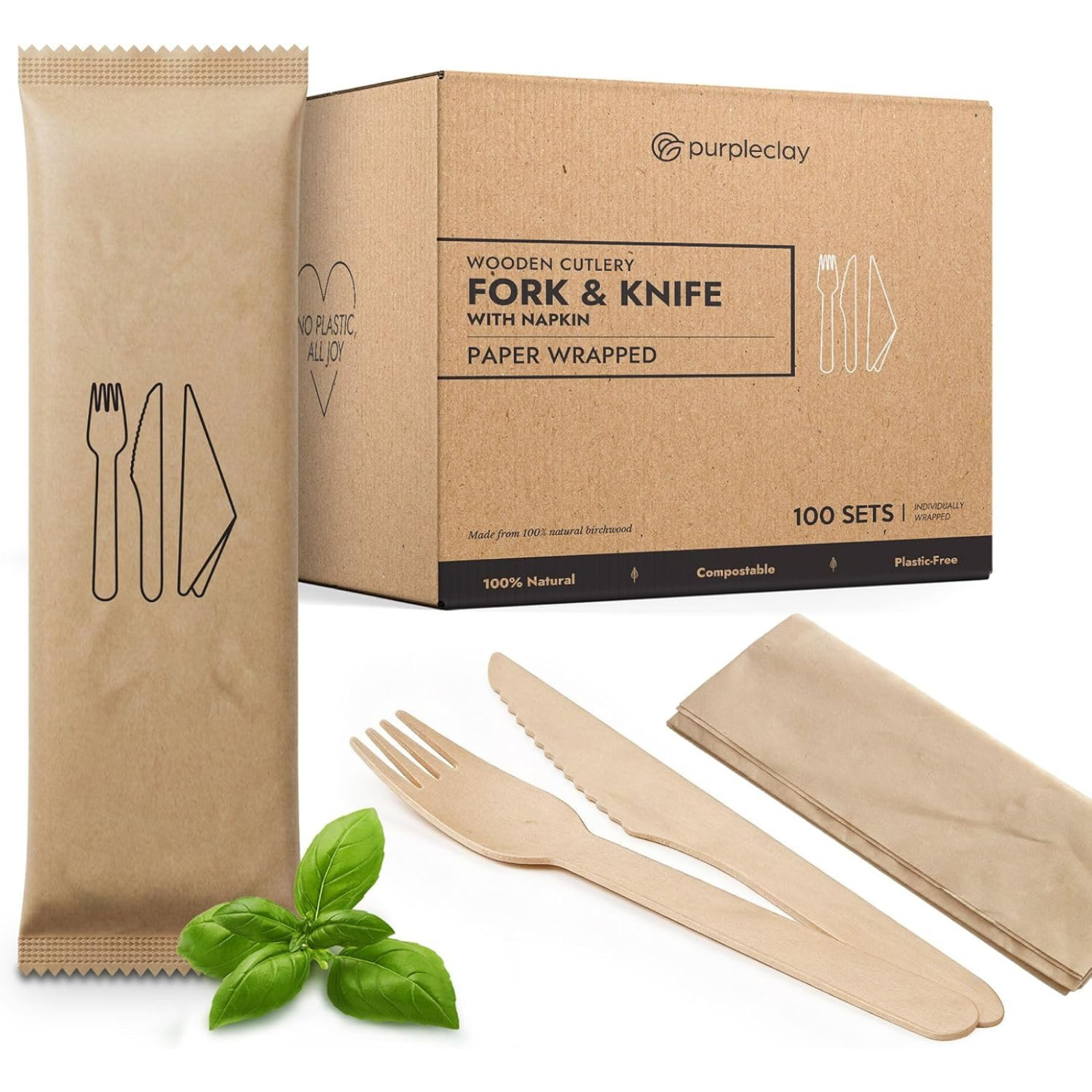 Wrapped Wooden Fork Knife and Napkin Sets (100 Sets)