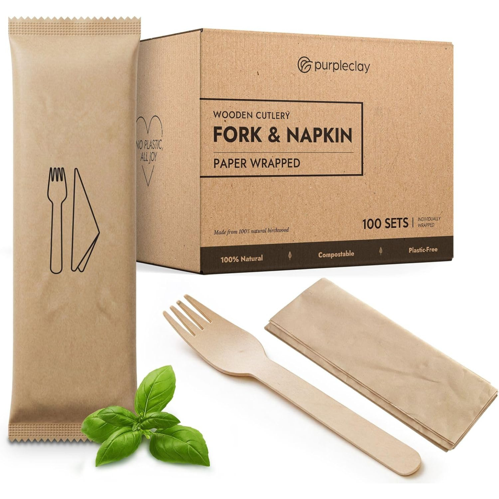 Wrapped Wooden Fork and Napkin Sets (100 Sets)