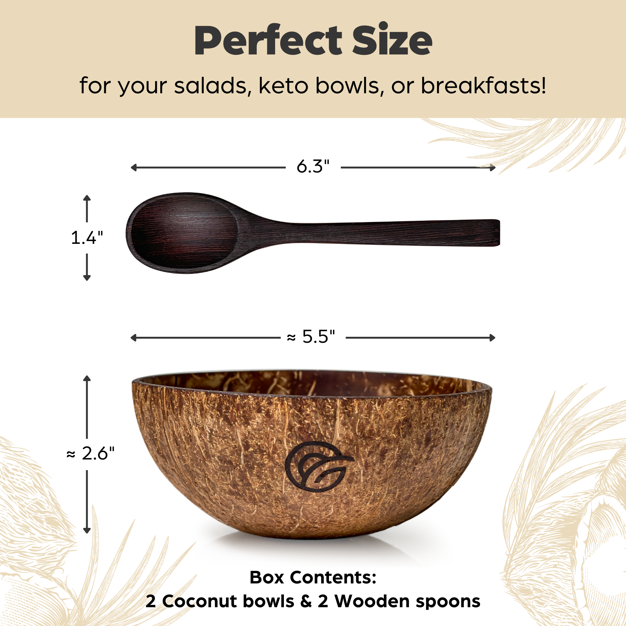 Coconut Bowls and Wooden Spoons Set of 2 Natural