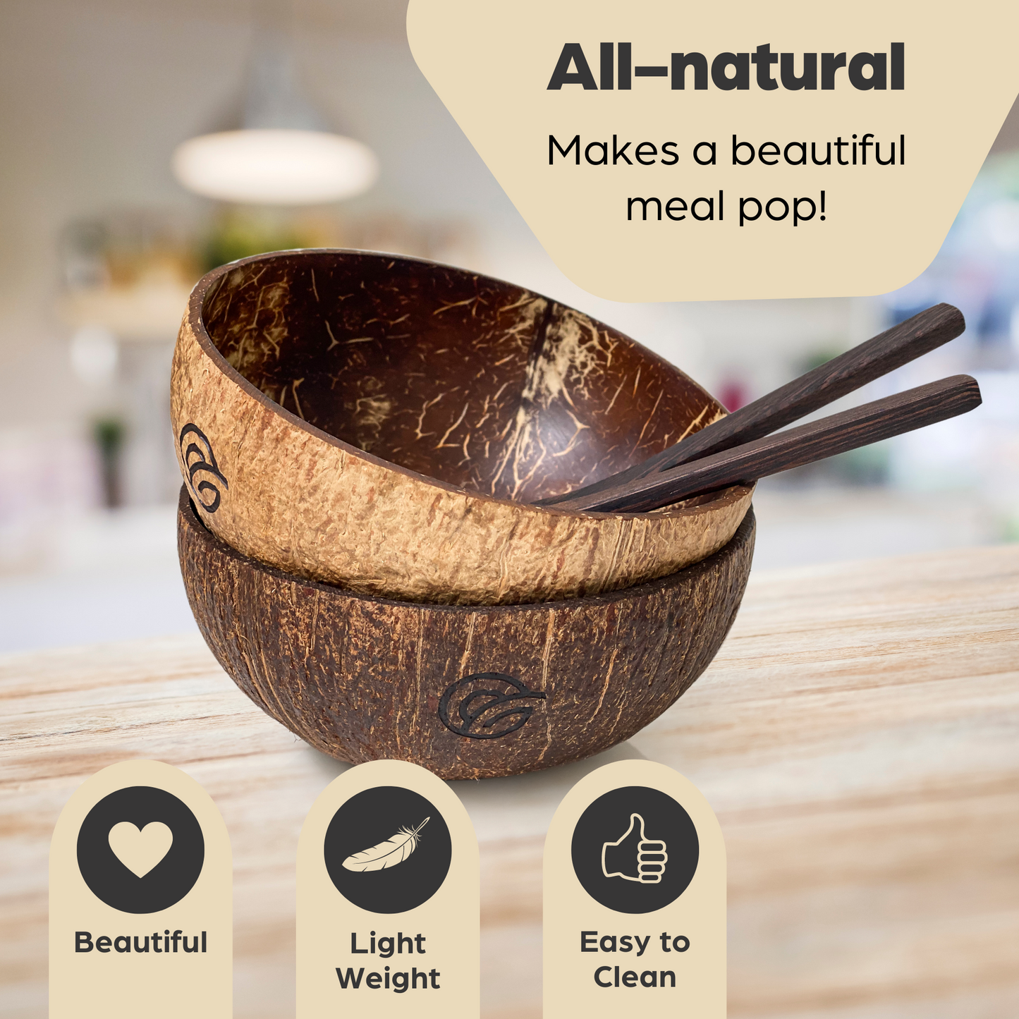 Coconut Bowls and Wooden Spoons Set of 2 Natural