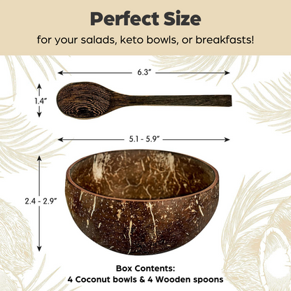 Coconut Bowls and Wooden Spoons Set of 4