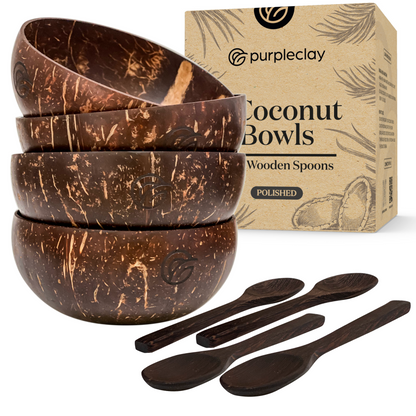 Coconut Bowls and Wooden Spoons Set of 4