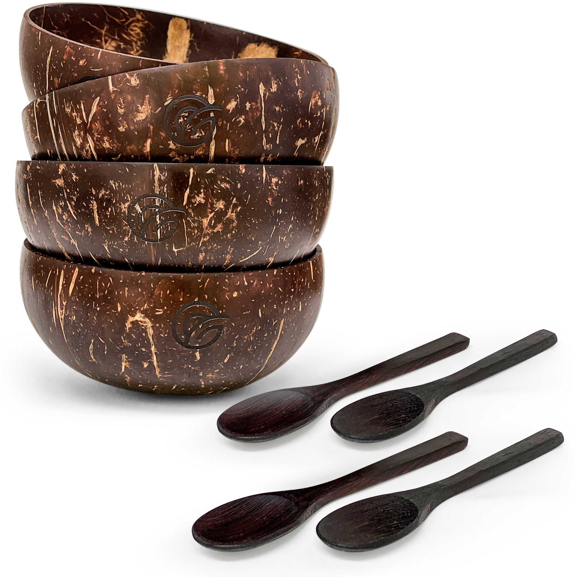 Coconut Bowls and Wooden Spoons Set of 4